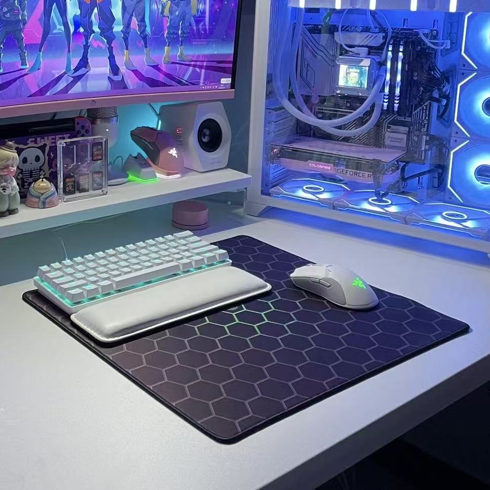 Anti-slip desk mat with dark hex pattern, large keyboard and mouse surface