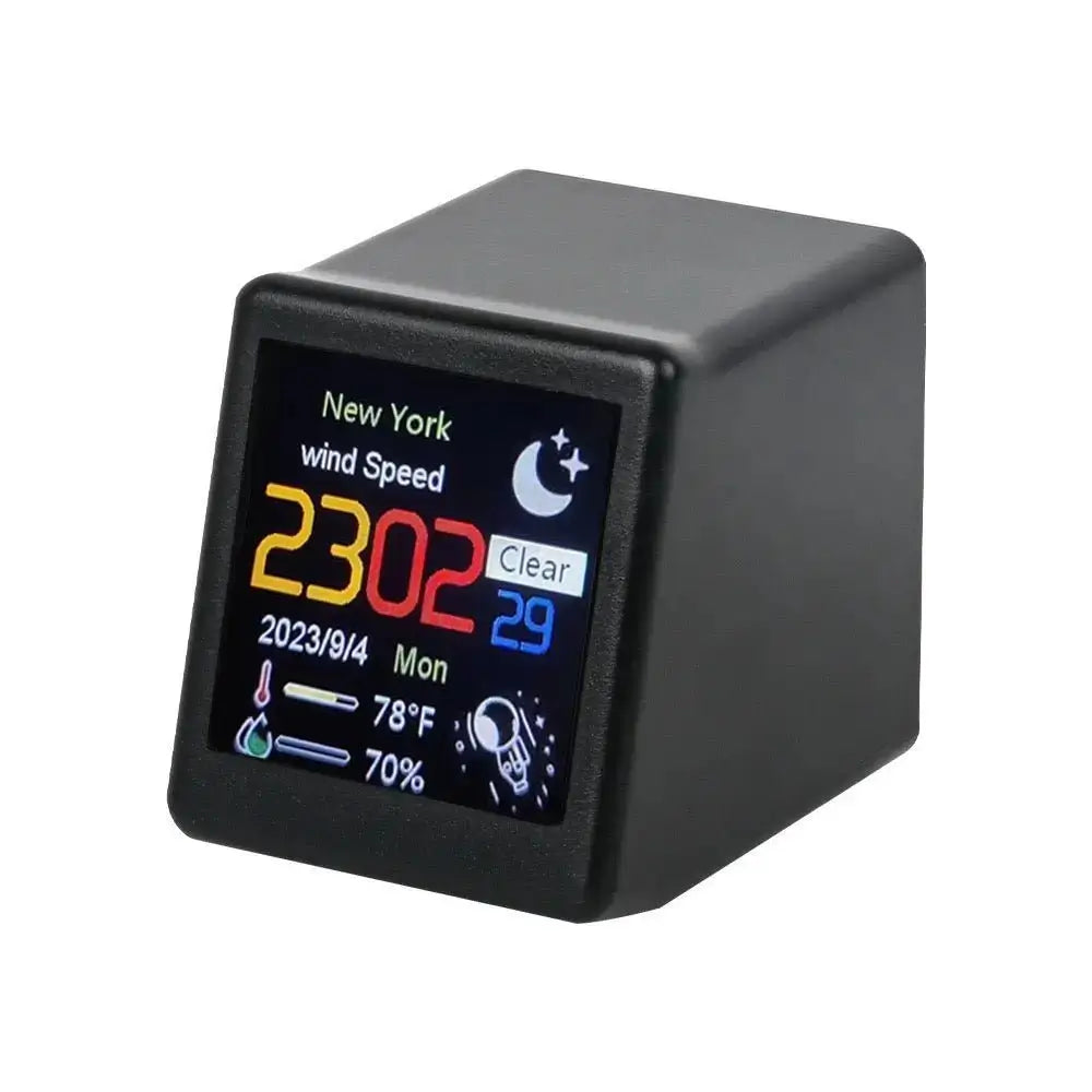 Mini smart weather station with dark gray/black housing and digital display showing weather