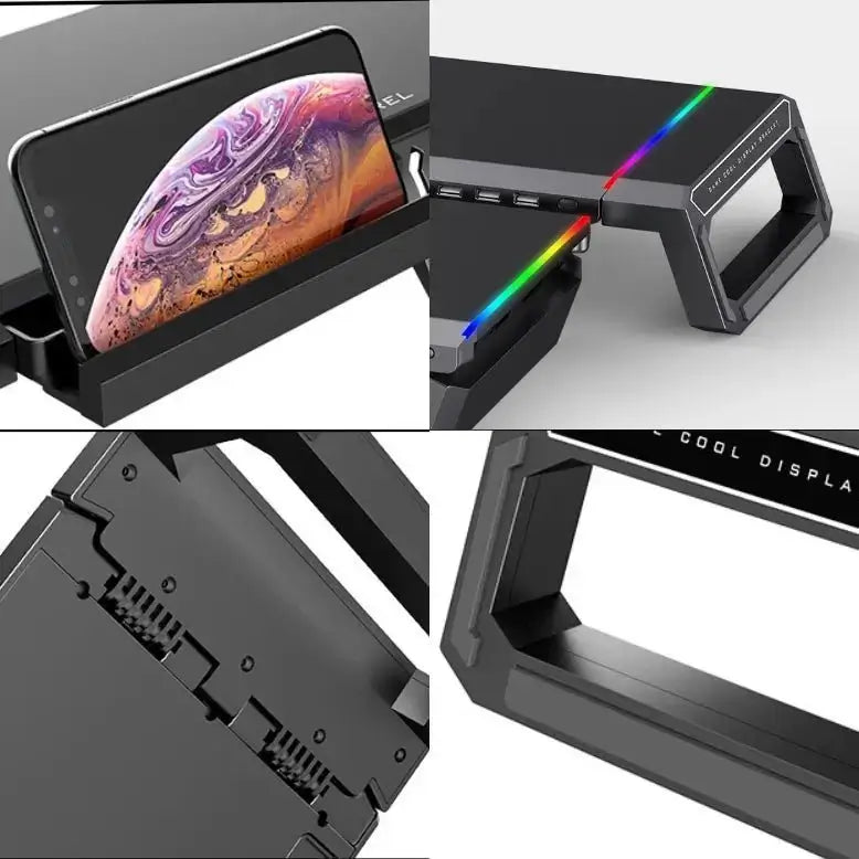 Monitor stand riser with phone holder and RGB edge lighting, black desk accessory