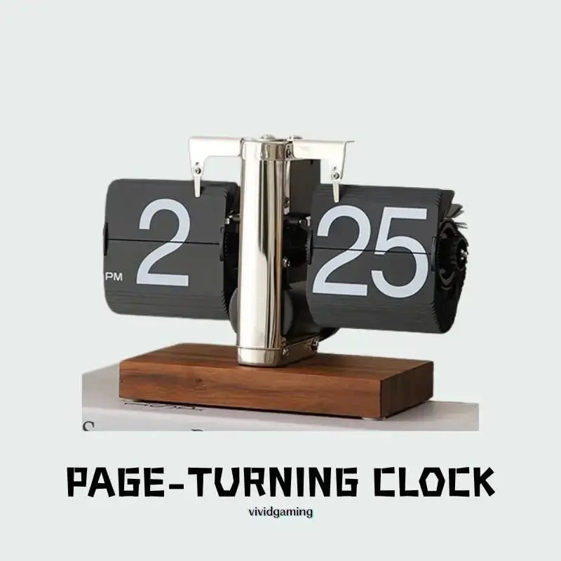 Retro flip clock with black flip pages showing 2 and 25, on wooden base with metal frame