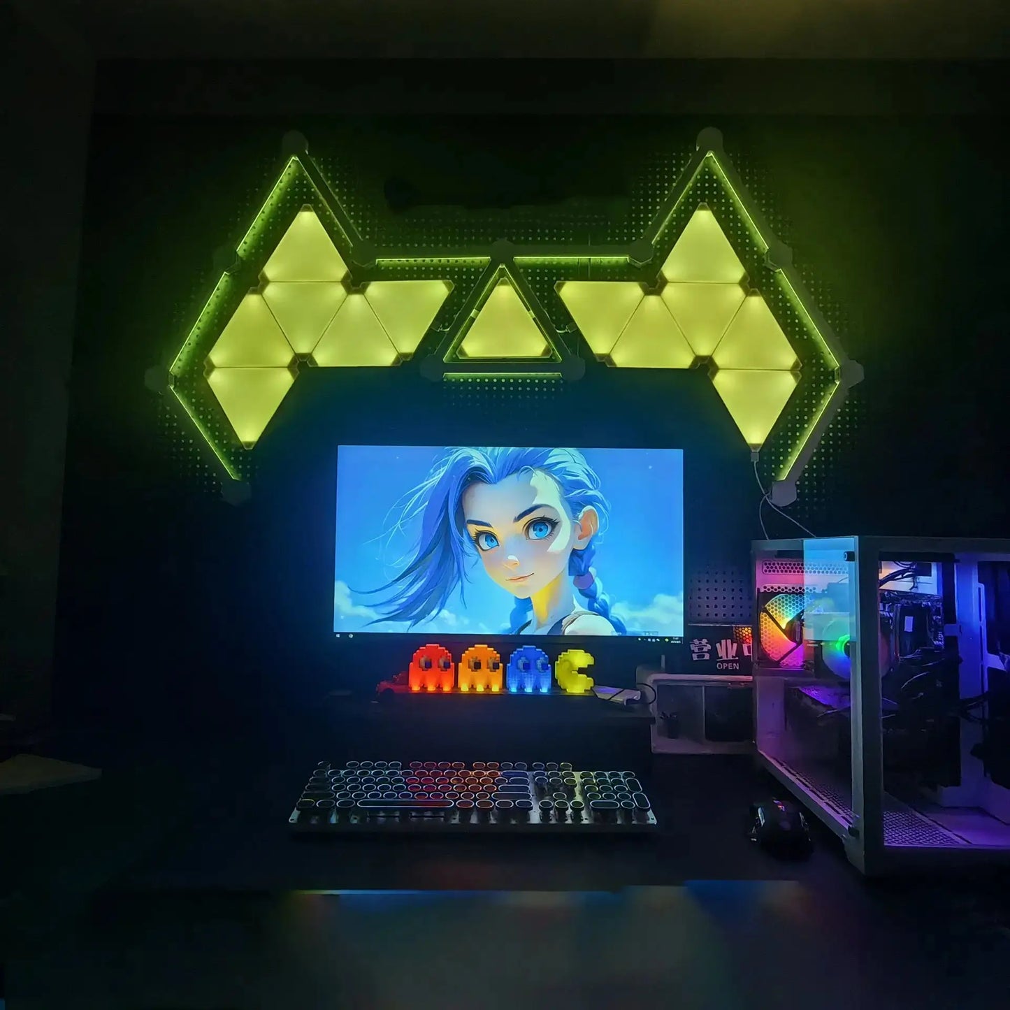 RGBIC smart light set with glowing triangular LED line bars, bright green light