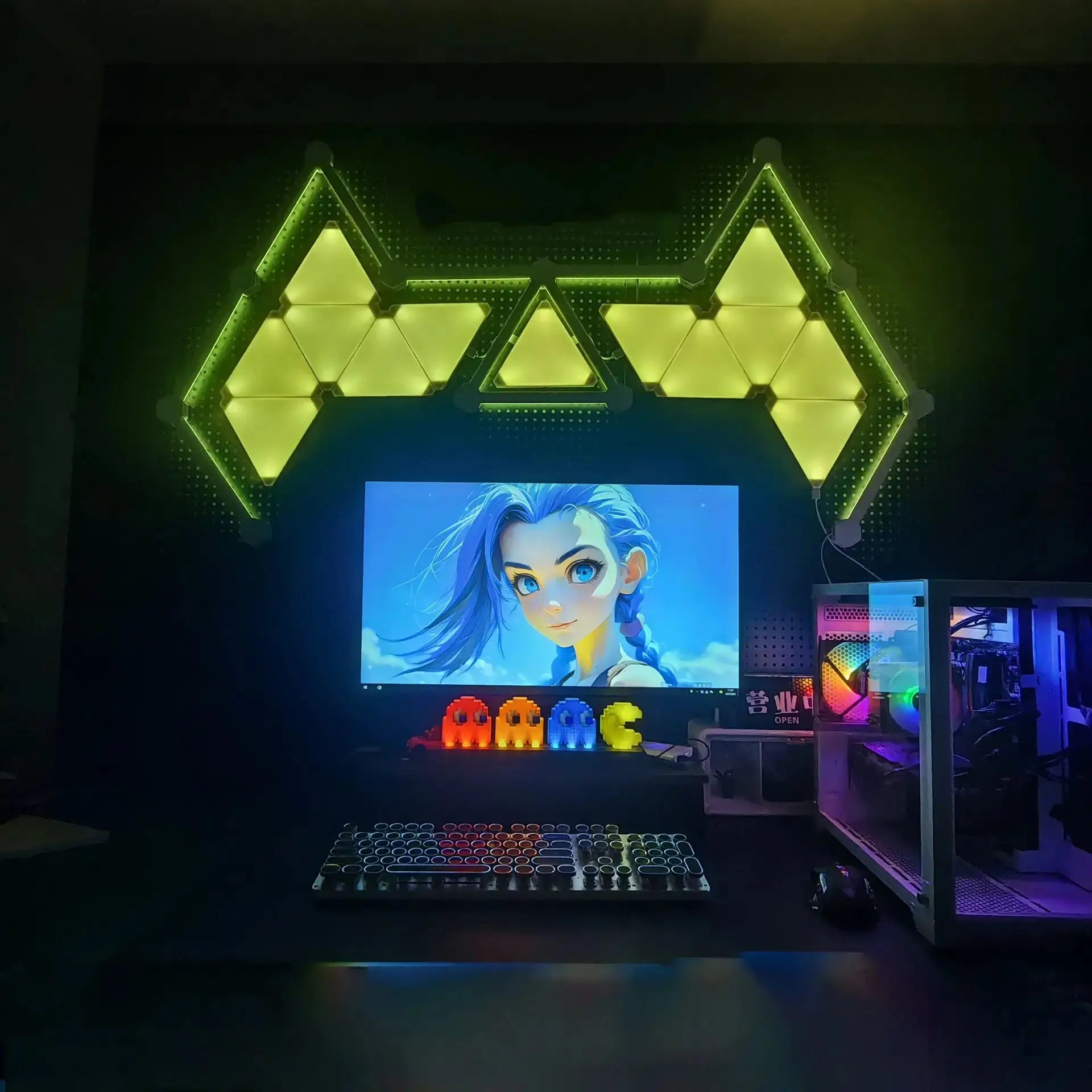 RGBIC smart light set with glowing triangular LED line bars, bright green light