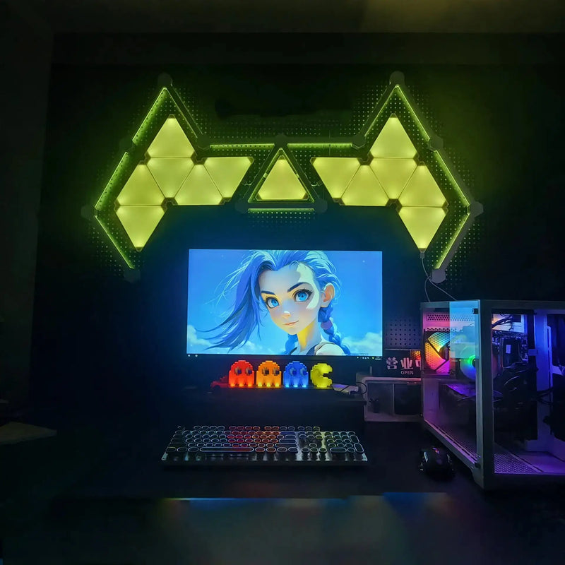 RGBIC smart light set with glowing triangular LED line bars, bright green light
