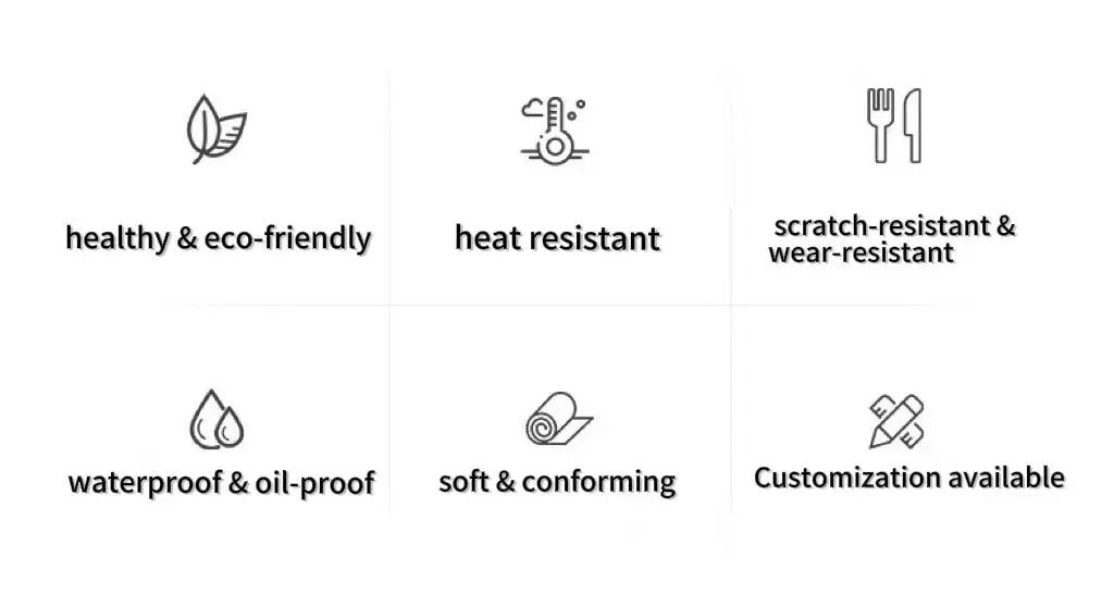 Large desk mat feature icons: healthy, heat resistant, scratch resistant, waterproof