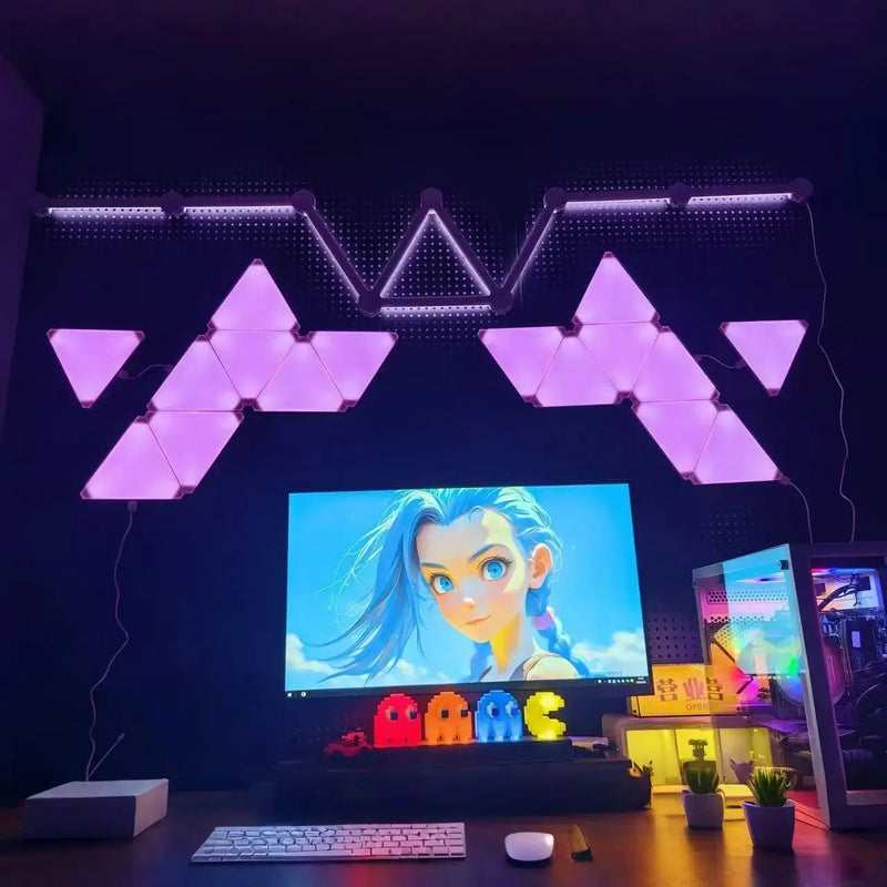 Gamer wall decor set with glowing LED triangle panels and line bars