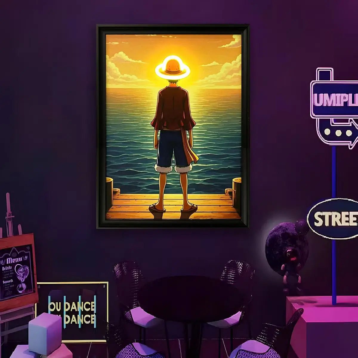 Framed LED wall art with sunset scene, bright yellow halo light glow