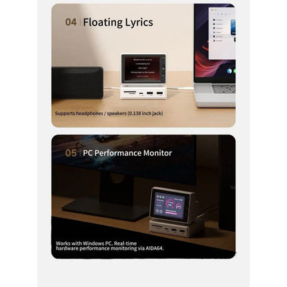 3.5-inch IPS secondary monitor on white dock with floating lyrics display