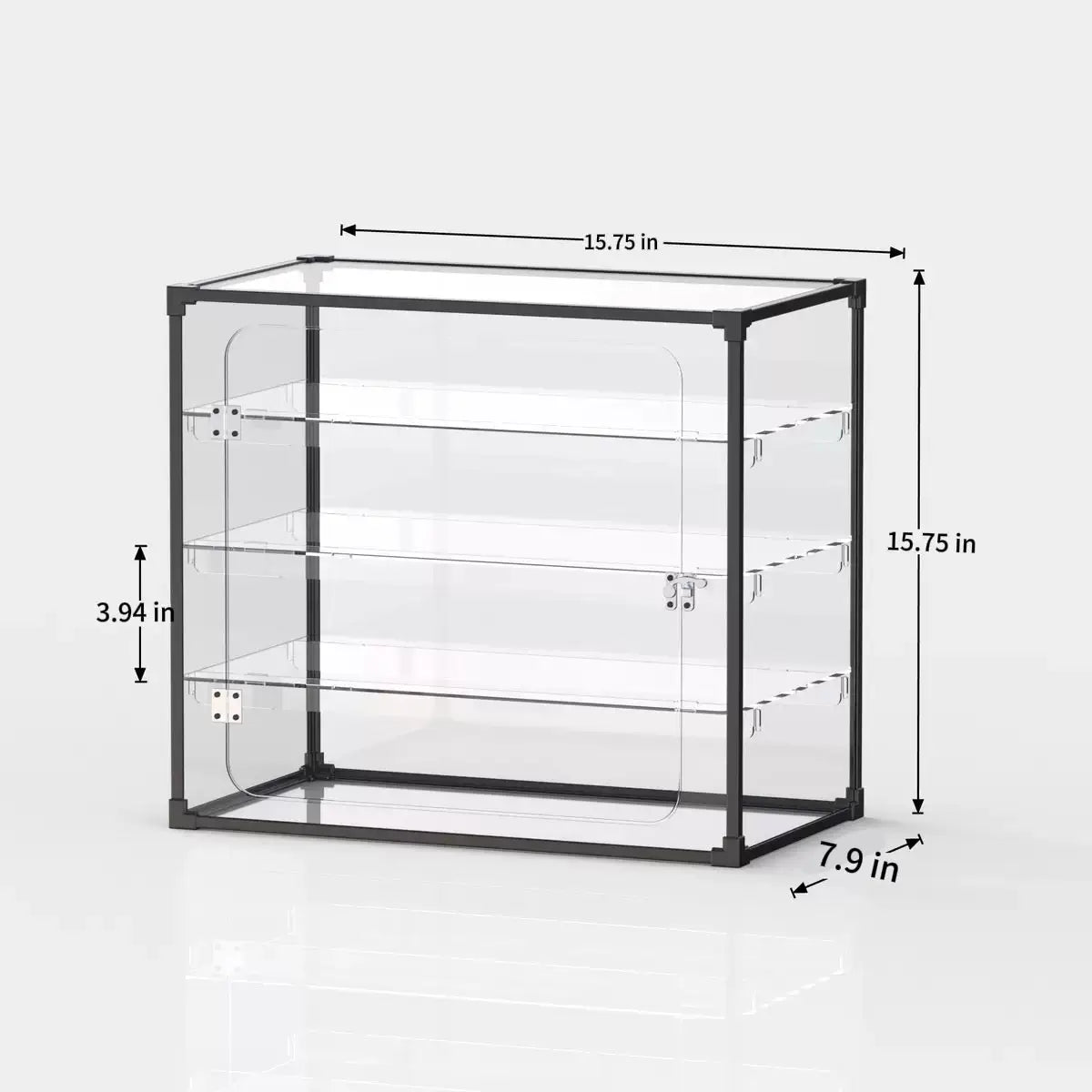 Clear acrylic keyboard display case with black frame and three shelves, front view