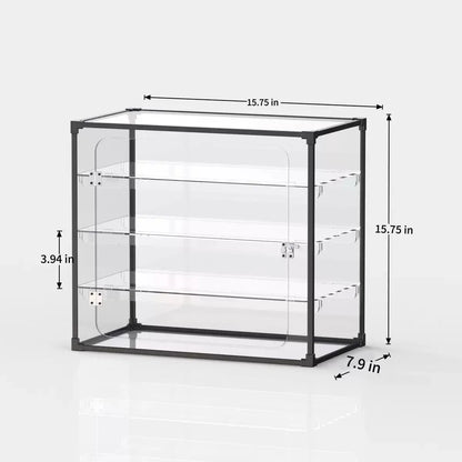 Clear acrylic keyboard display case with black frame and three shelves, front view
