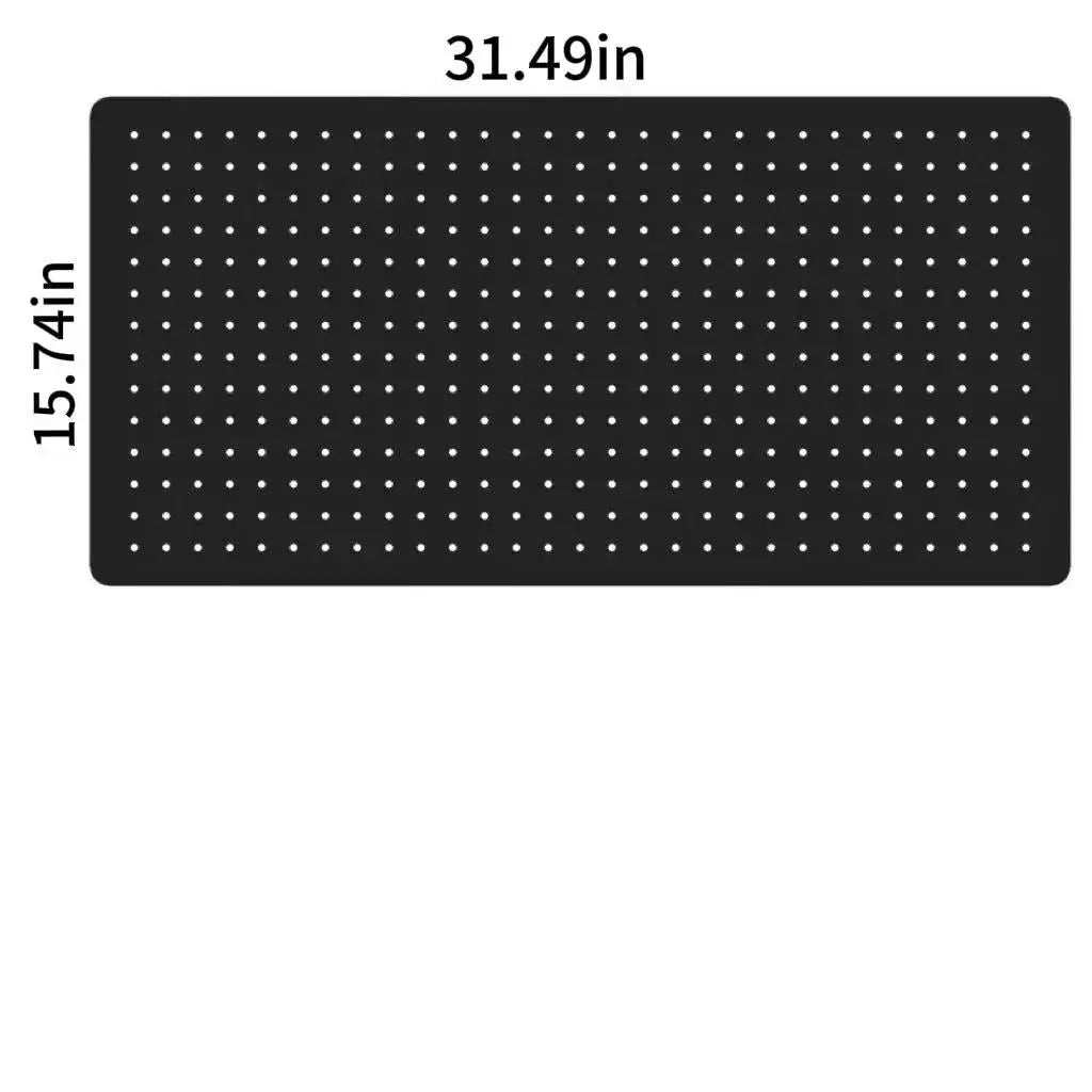 Black modular pegboard panel with evenly spaced round holes, 31.49 x 15.74 in