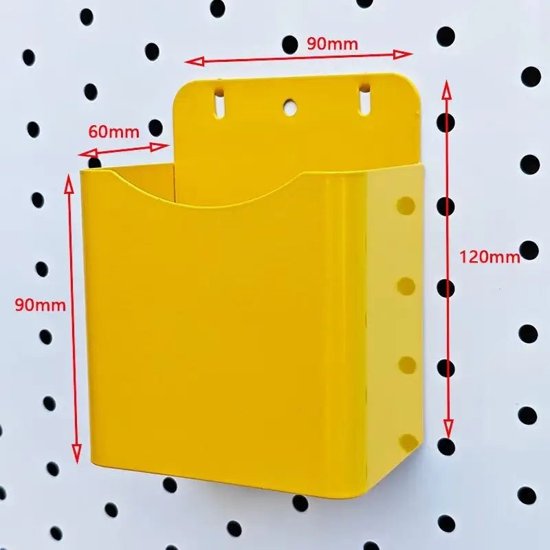 Yellow metal pegboard organizer box with 90mm x 120mm x 60mm dimensions