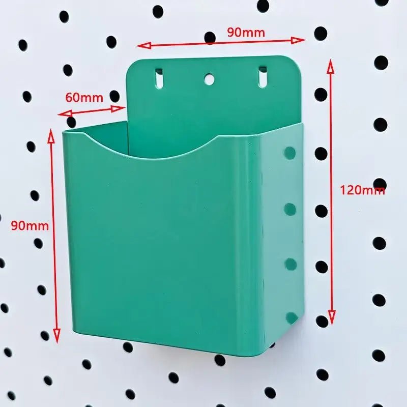 Green metal pegboard organizer box with 90mm x 120mm x 60mm dimensions