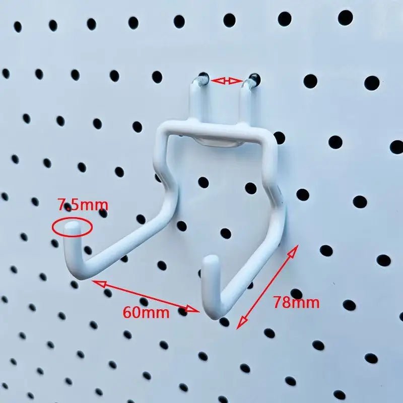 White metal pegboard hook with 60mm x 78mm x 7.5mm dimensions