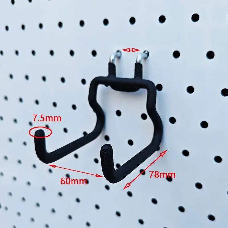 Black metal pegboard hook, U-shaped holder with two mounting pegs