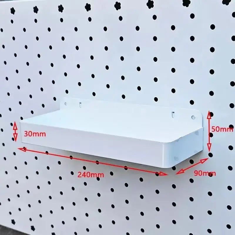 White metal pegboard shelf with front lip and rounded corners, size markings