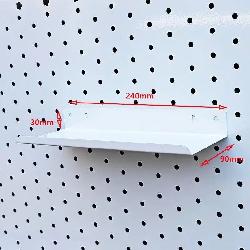 White metal pegboard shelf with 240mm x 90mm x 30mm dimensions