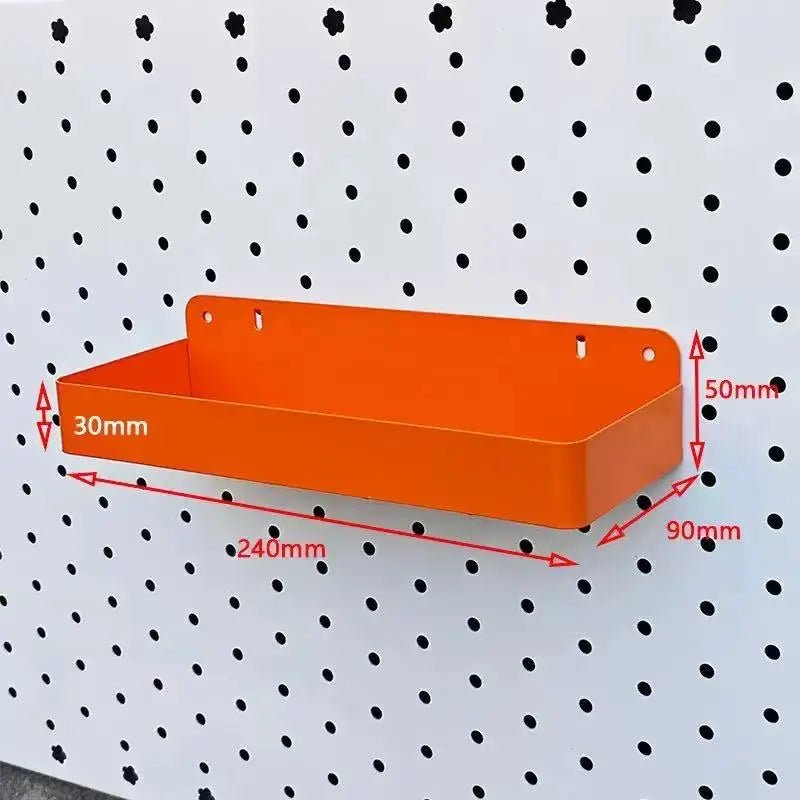 Orange metal pegboard long shelf with back wall and front lip, 240mm