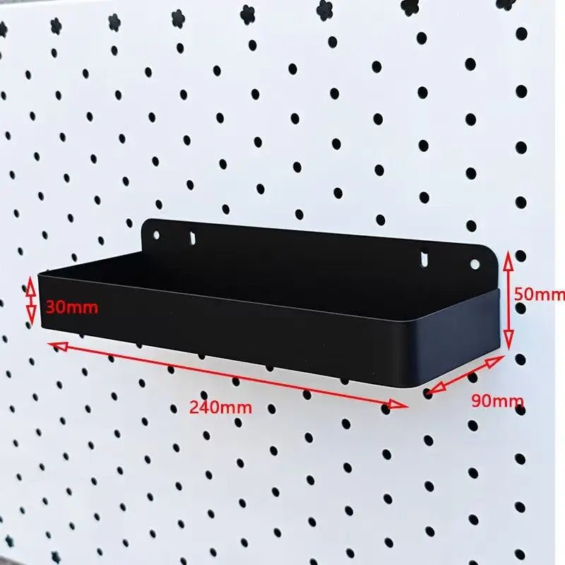 Black metal pegboard long shelf with back wall and front lip, 240mm