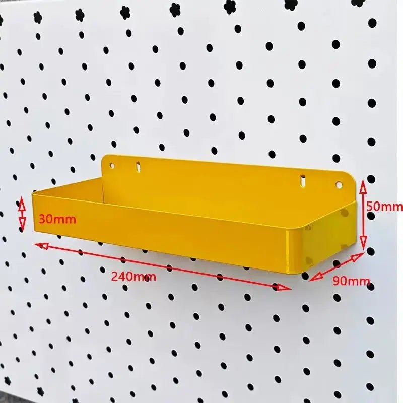 Yellow metal pegboard long shelf with back wall and front lip, 240mm