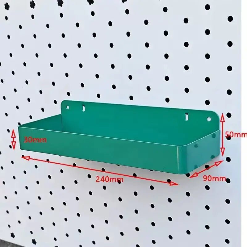 Green metal pegboard long shelf with back wall and front lip, 240mm