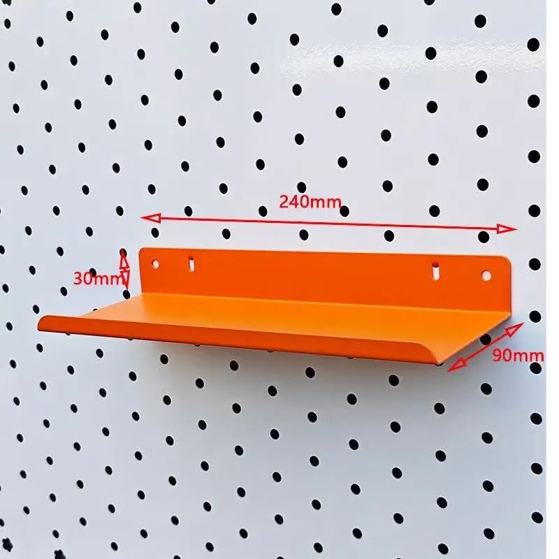 Orange metal pegboard shelf with 240mm x 90mm x 30mm dimensions