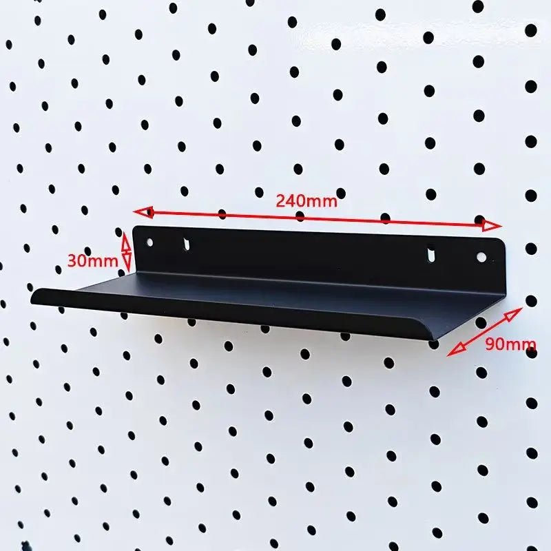 Black metal pegboard shelf with 240mm x 90mm x 30mm dimensions