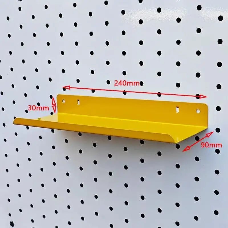 Yellow metal pegboard shelf with 240mm x 90mm x 30mm dimensions
