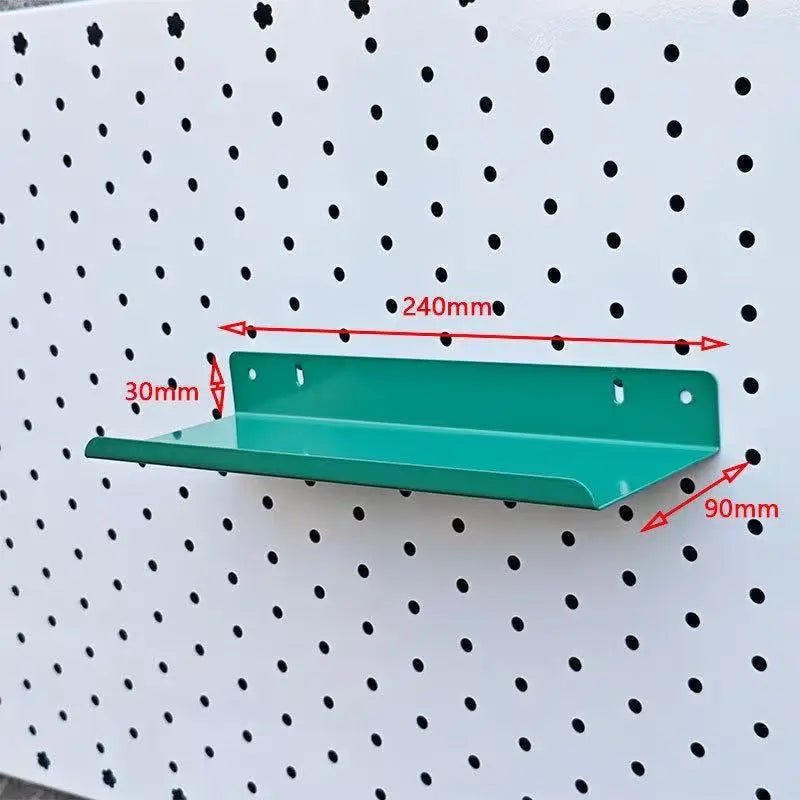 Green metal pegboard shelf with 240mm x 90mm x 30mm dimensions