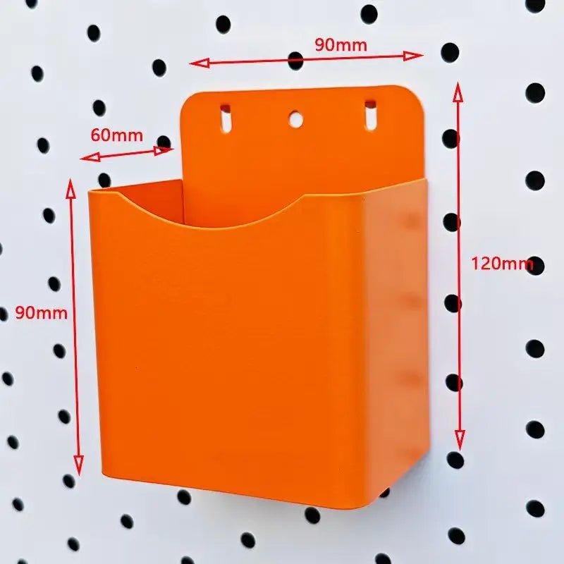 Orange metal pegboard organizer box with 90mm x 120mm x 60mm dimensions