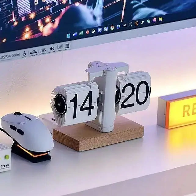 Retro flip desk clock with white body, wooden base, black digits on light tiles