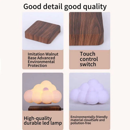 Cloud LED lamp with glowing cloud light and wood base detail