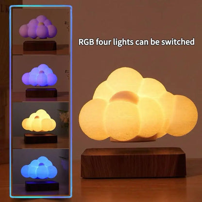 Floating cloud LED lamp with warm glow on dark wood base