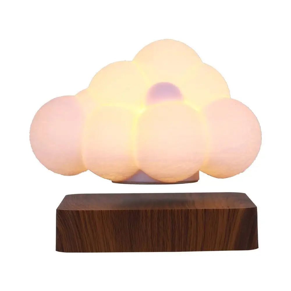 Floating cloud LED lamp with warm glow and dark wood base