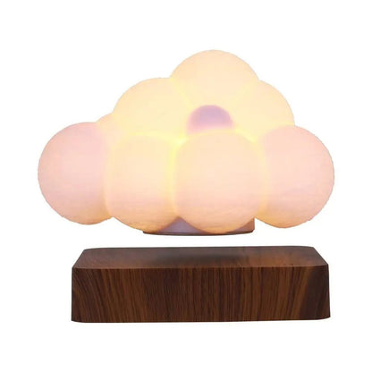 Floating cloud LED lamp with warm glow and dark wood base