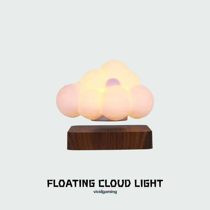 Floating cloud LED lamp with warm glow and light wood base