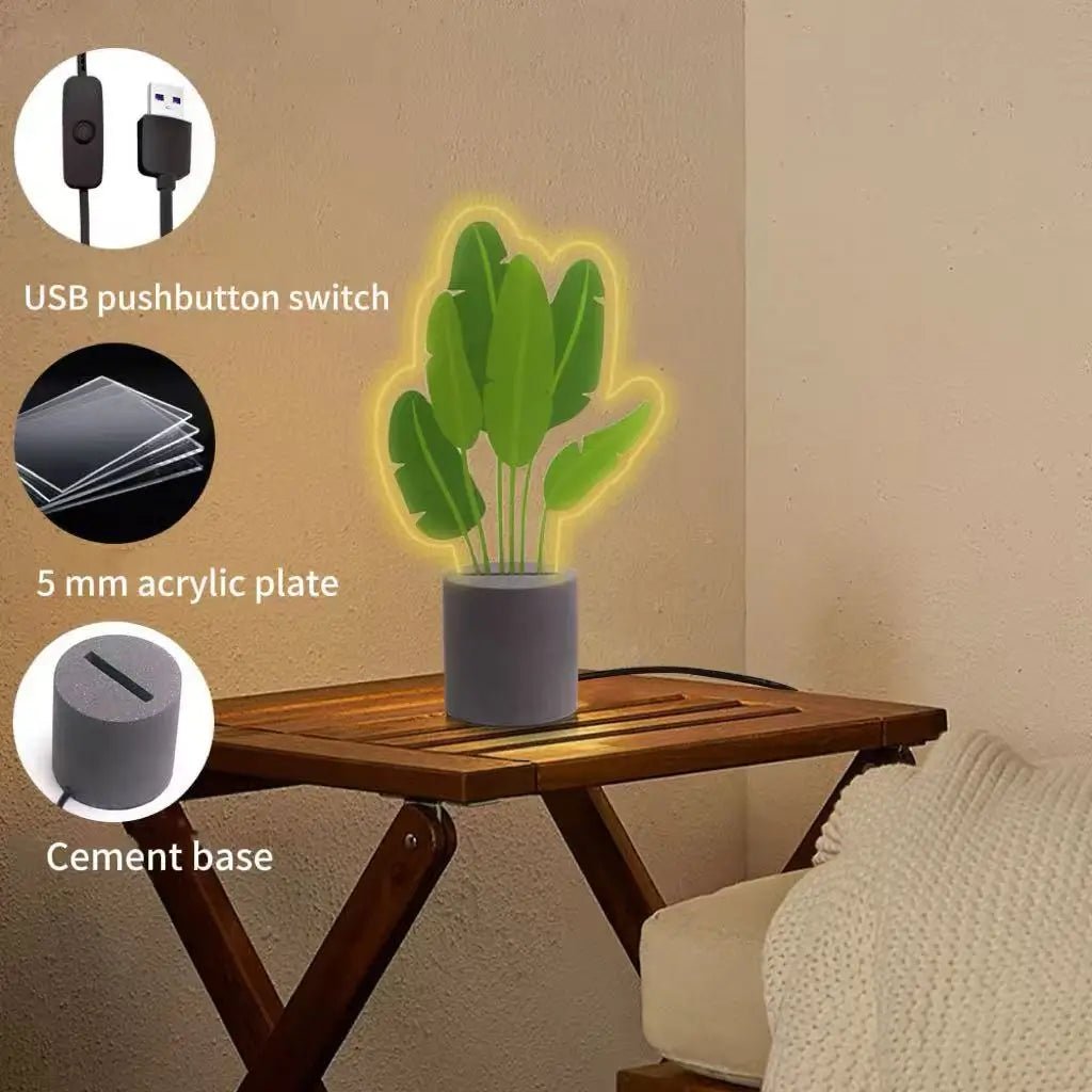 LED snake plant light on dark cement base with USB pushbutton switch and cable