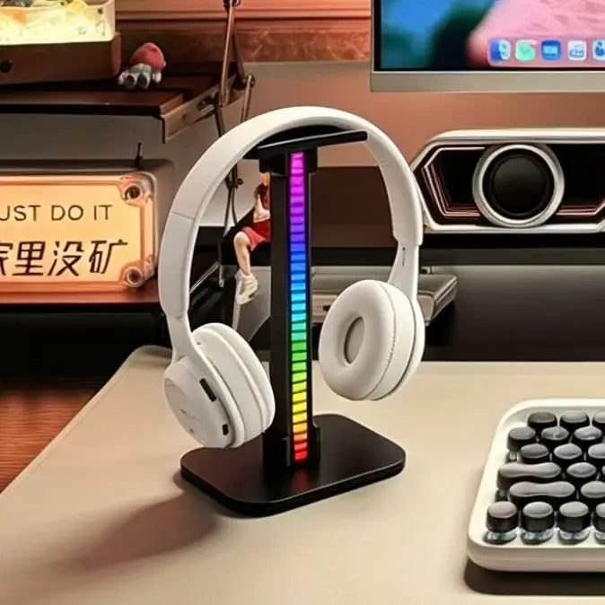White RGB headset stand with vertical multicolor LED light bar and headphone rest