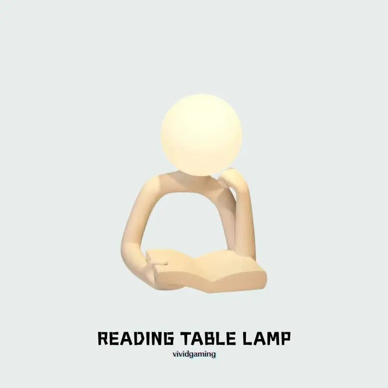 Cream thinker table lamp figure with glowing round head, arms holding the base