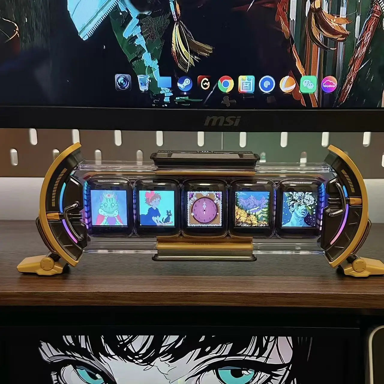 Desktop five-screen smart clock showing five glowing screens in a transparent frame