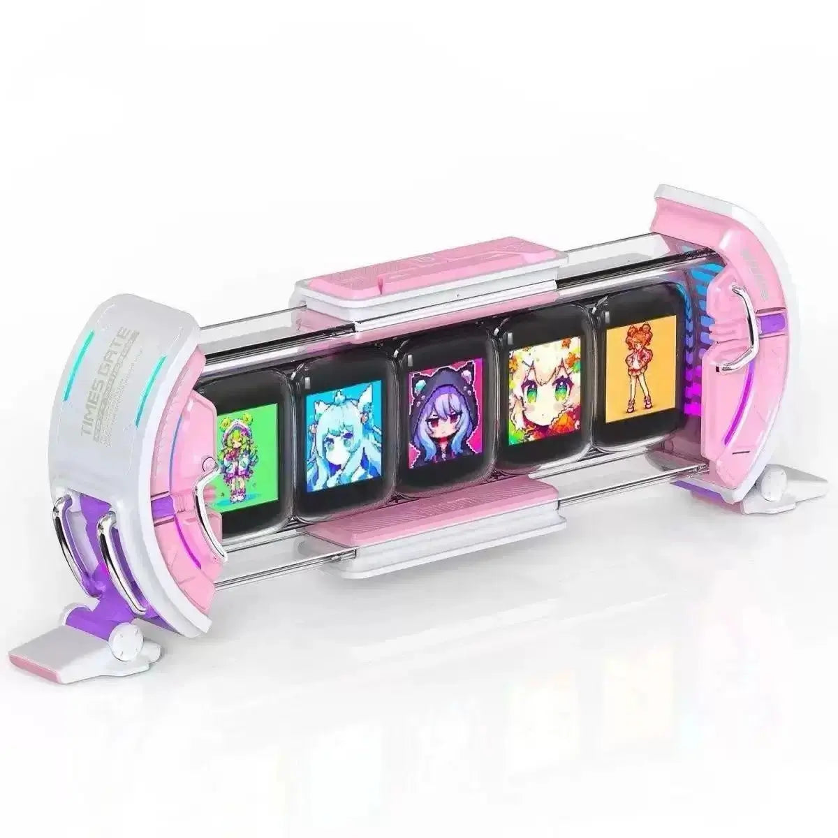 Desk smart clock display with five pixel screens, pink and white casing on stand