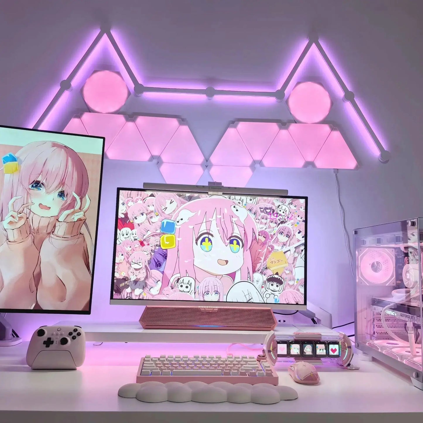 RGBIC smart light kit with triangle and hexagon LED panels, glowing purple