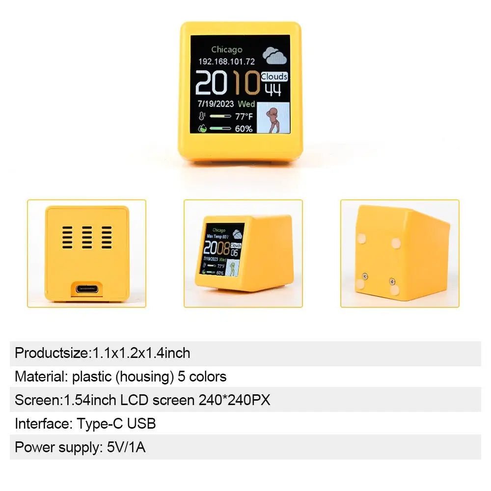 Mini smart weather station in yellow, with front display and rear USB-C port view