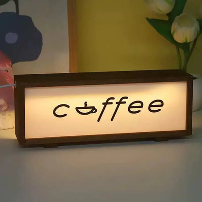 Walnut LED light box displaying coffee icon text in warm light