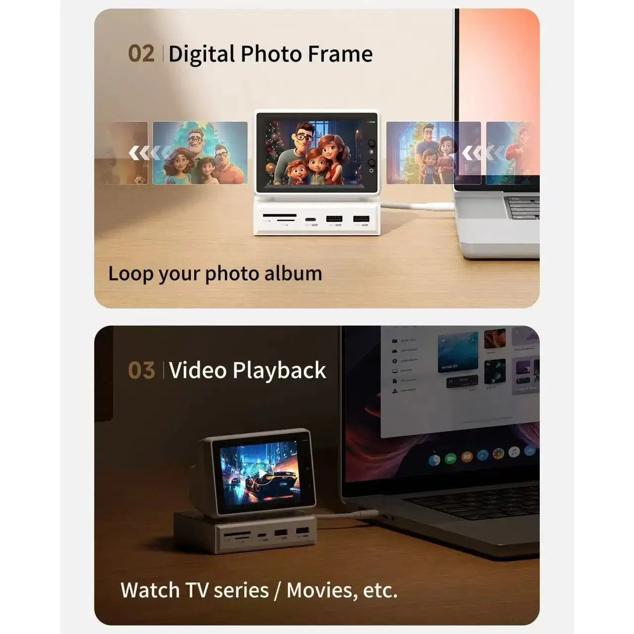 3.5-inch IPS secondary monitor dock showing photo and video playback screens