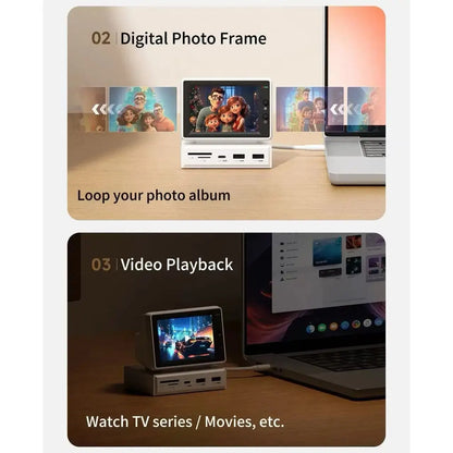3.5-inch IPS secondary monitor dock showing photo and video playback screens