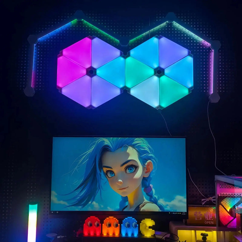 RGB triangular smart wall lights with glowing multicolor segments