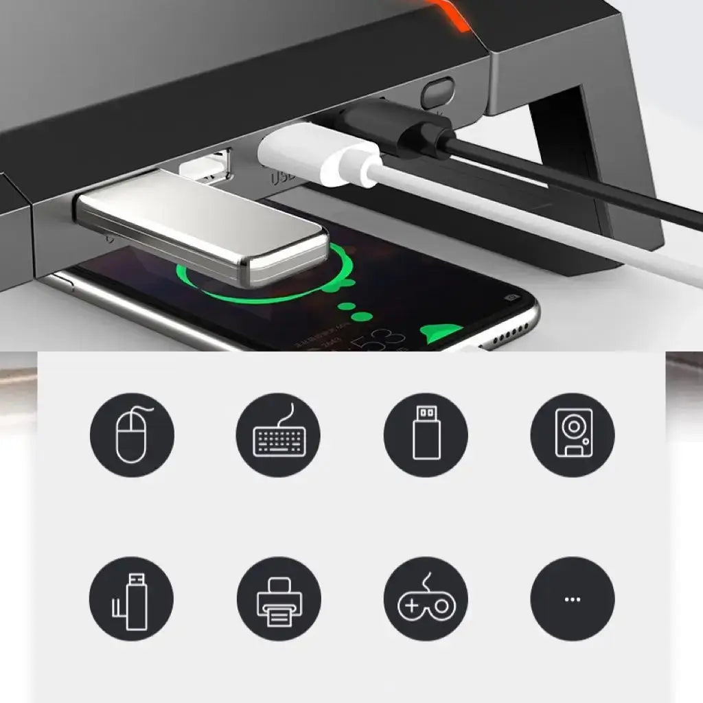Monitor stand riser with phone holder and built-in lighting, with device and port icons