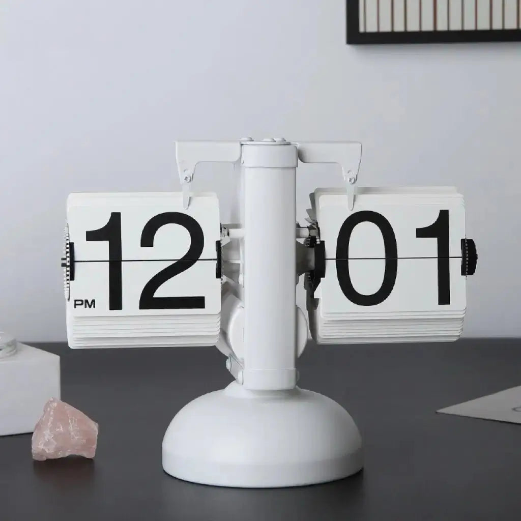 Retro flip desk clock with white body, round pedestal base, black digits on light tiles