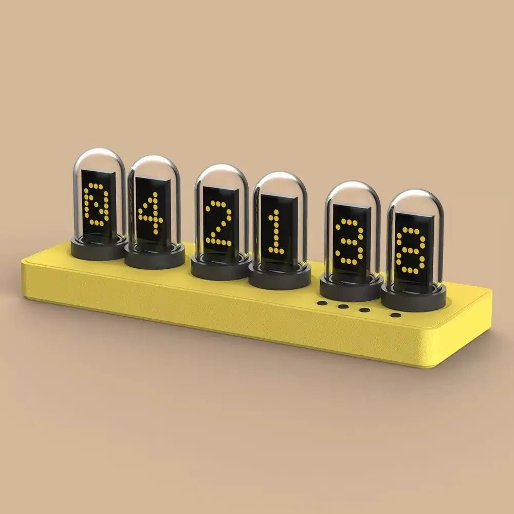 Desk nixie tube clock with 6 glass tubes showing glowing digits on yellow base