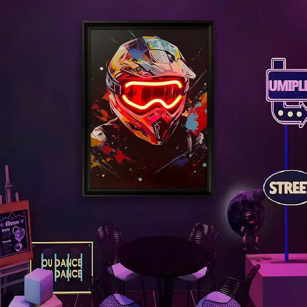 Framed LED wall art with neon gaming mask design, red glowing visor outline